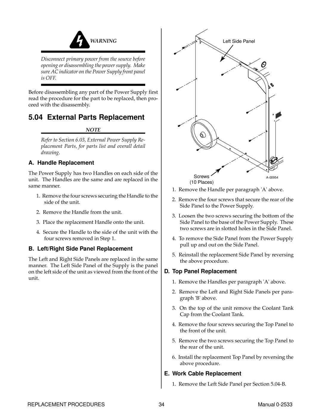 Thermal Comfort 3000 manual External Parts Replacement, Handle Replacement, Left/Right Side Panel Replacement 