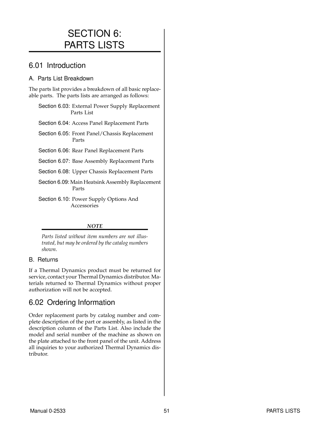 Thermal Comfort 3000 manual Section Parts Lists, Ordering Information, Parts List Breakdown, Returns 