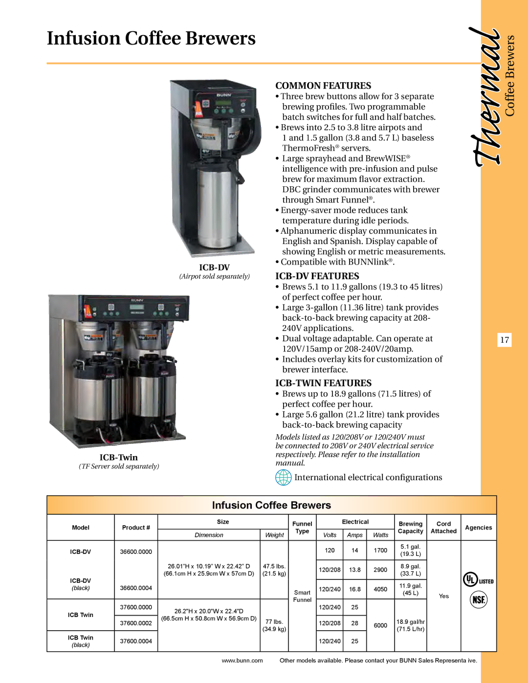 Thermal Comfort manual Infusion Coffee Brewers, Common Features, ICB-DV Features, ICB-TWIN Features 