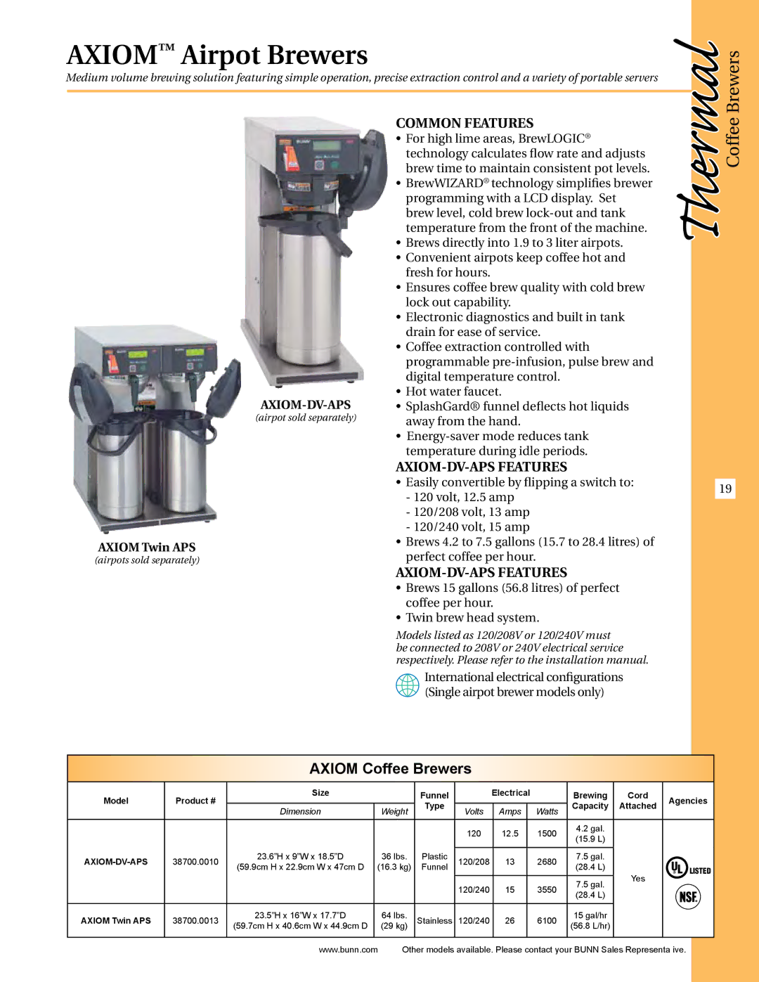 Thermal Comfort ICB-DV, ICB-TWIN manual Axiom Airpot Brewers, Axiom Coffee Brewers, AXIOM-DV-APS Features 