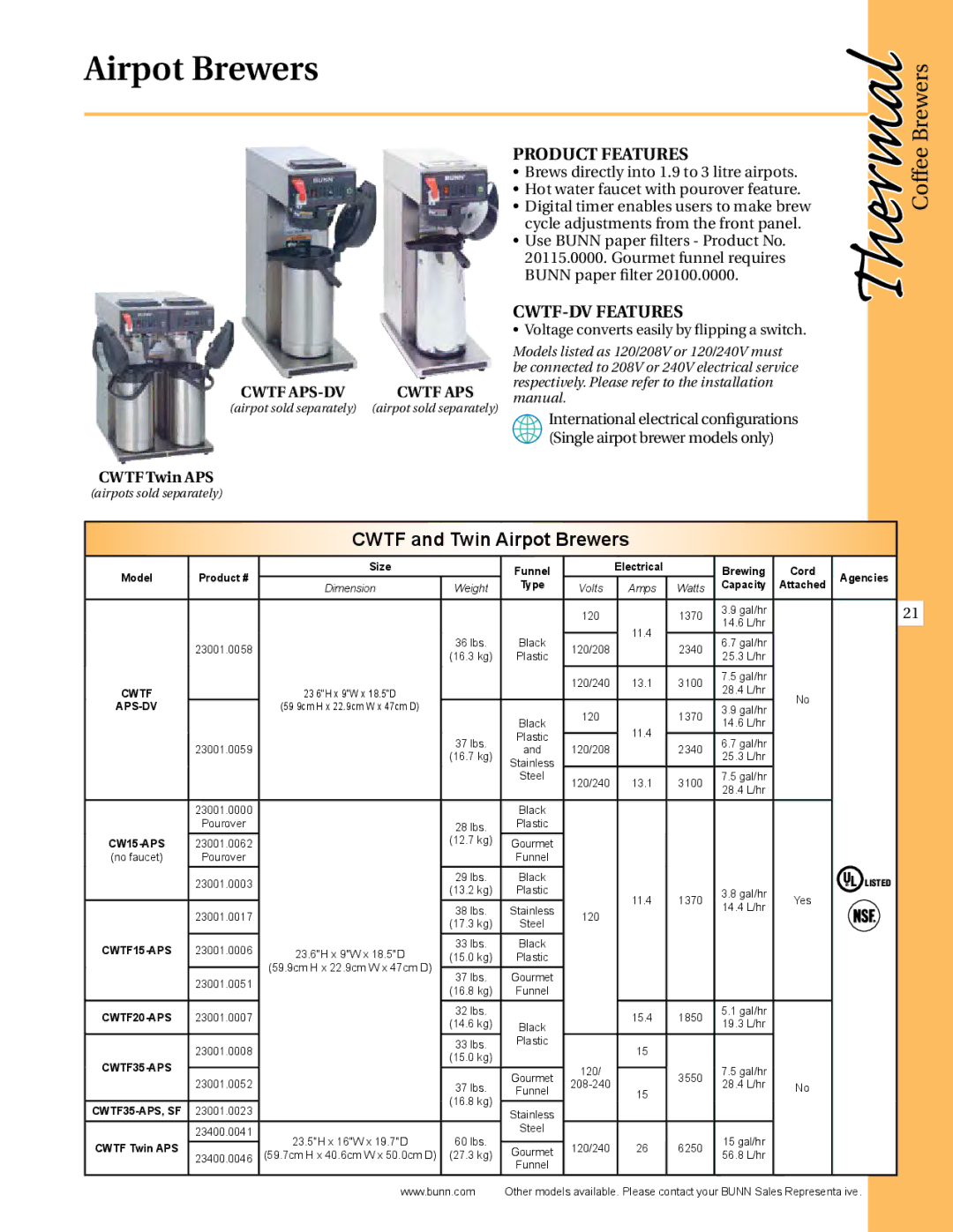 Thermal Comfort ICB-DV, ICB-TWIN manual Cwtf and Twin Airpot Brewers, Product Features, CWTF-DV Features 