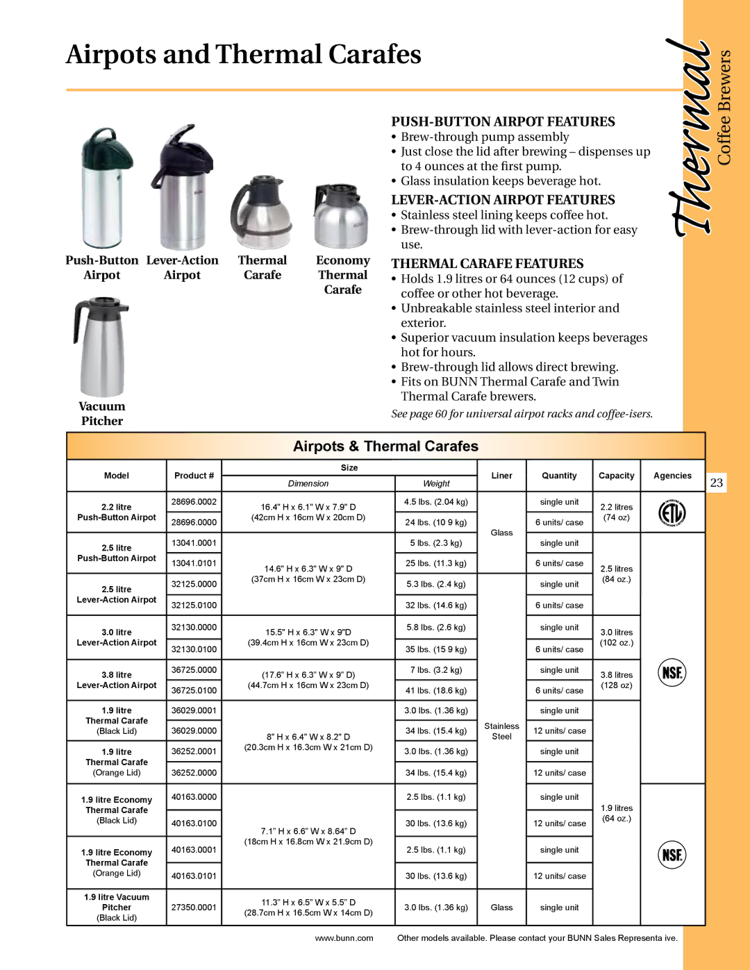 Thermal Comfort ICB-DV, ICB-TWIN manual Airpots and Thermal Carafes, Airpots & Thermal Carafes, Push-Button Airpot Features 