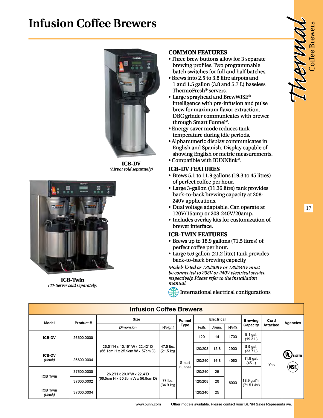 Thermal Comfort ICB-DV manual Infusion Coffee Brewers, Thermal, Common FEATURES, Icb-Dv Features, Icb-Twin Features 
