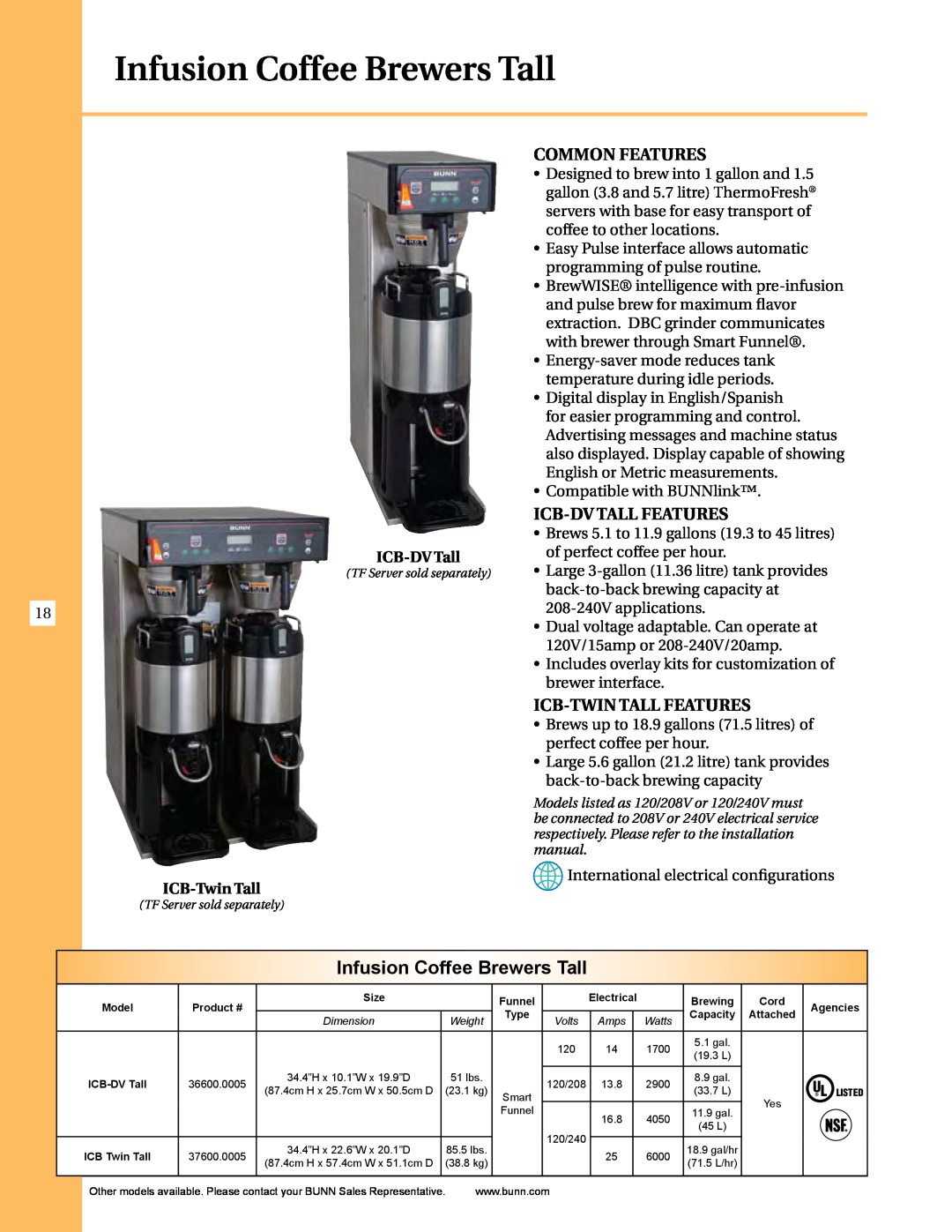 Thermal Comfort ICB-TWIN manual Infusion Coffee Brewers Tall, Common Features, Icb-Dv Tall Features, Icb-Twin Tall Features 