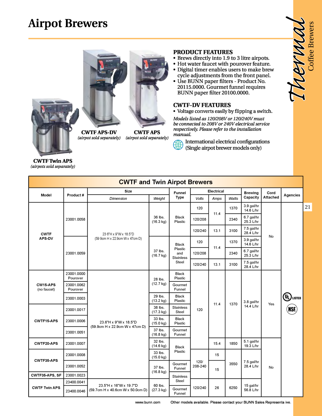 Thermal Comfort ICB-DV CWTF and Twin Airpot Brewers, Product Features, Cwtf-Dv Features, Cwtf Aps-Dv, CWTF Twin APS 