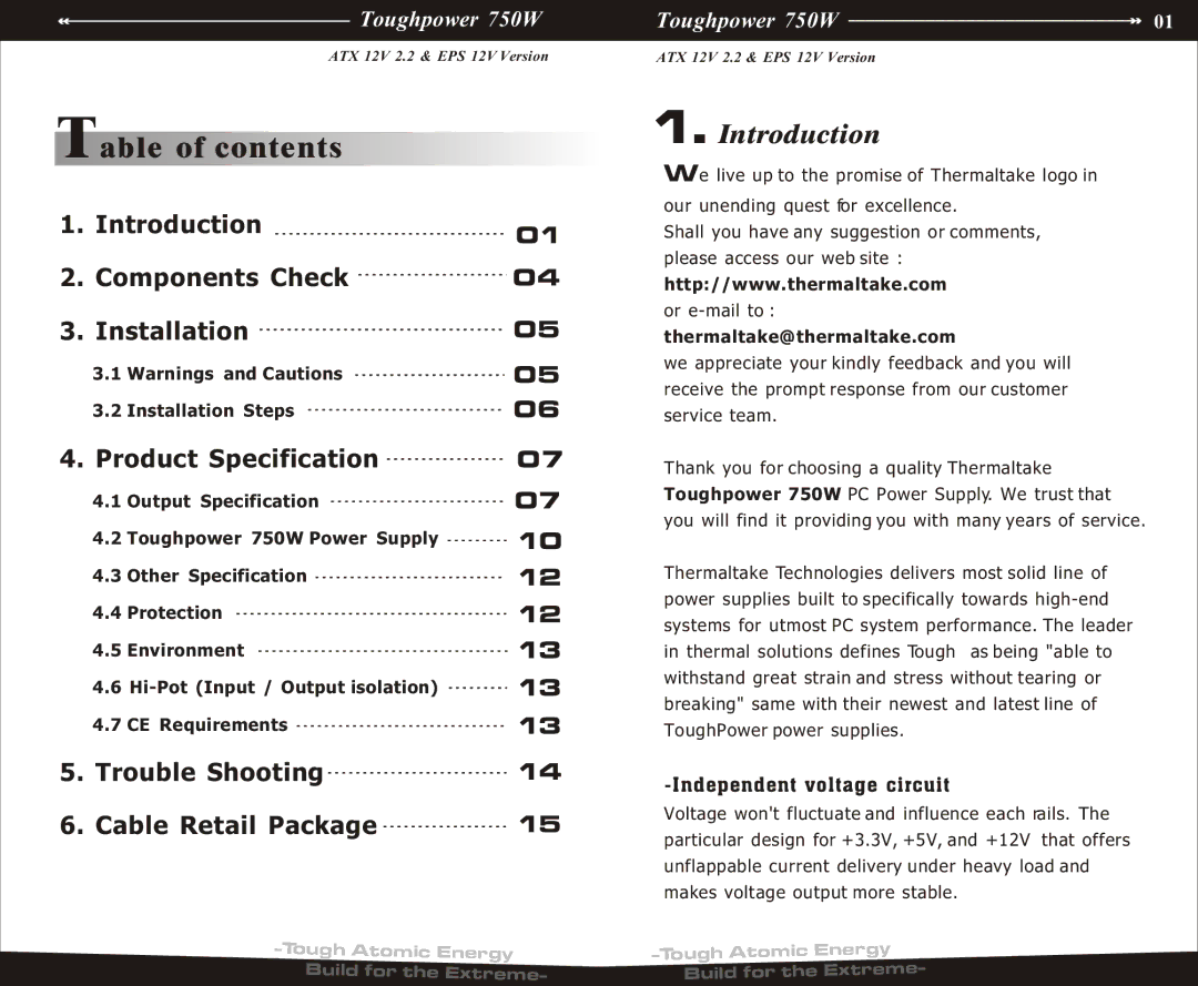 Thermaltake ATX 12V 2.2, EPS 12V manual Table of contents 