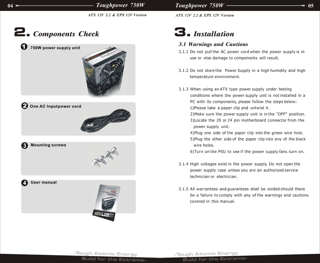 Thermaltake ATX 12V 2.2, EPS 12V manual Components Check, Installation 