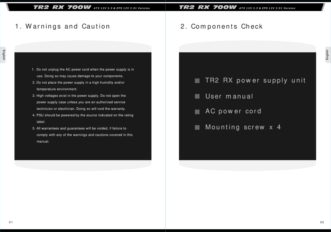 Thermaltake ATX 12V 2.3, EPS 12V 2.91, W0366RU Components Check, TR2 RX power supply unit AC power cord Mounting screw x 
