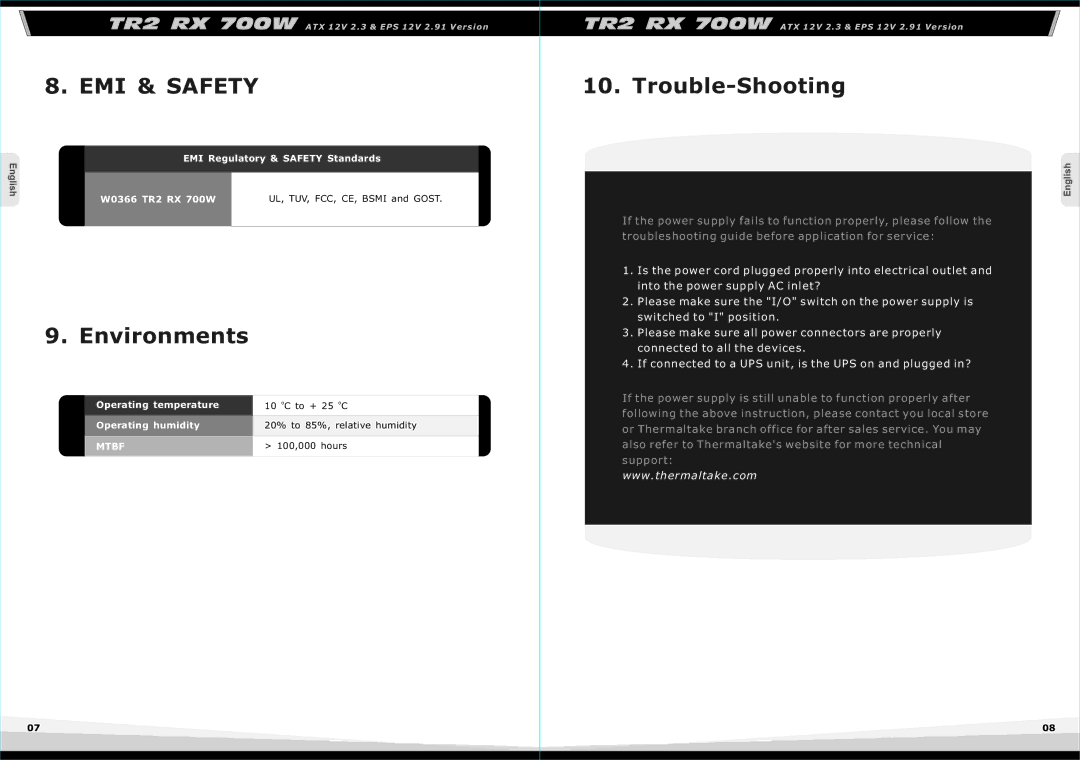 Thermaltake TR2 RX 700w, EPS 12V 2.91, W0366RU Environments, Trouble-Shooting, Operating temperature, Operating humidity 