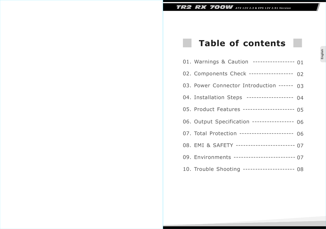 Thermaltake TR2 RX 700w, EPS 12V 2.91, W0366RU, ATX 12V 2.3 manual Table of contents 