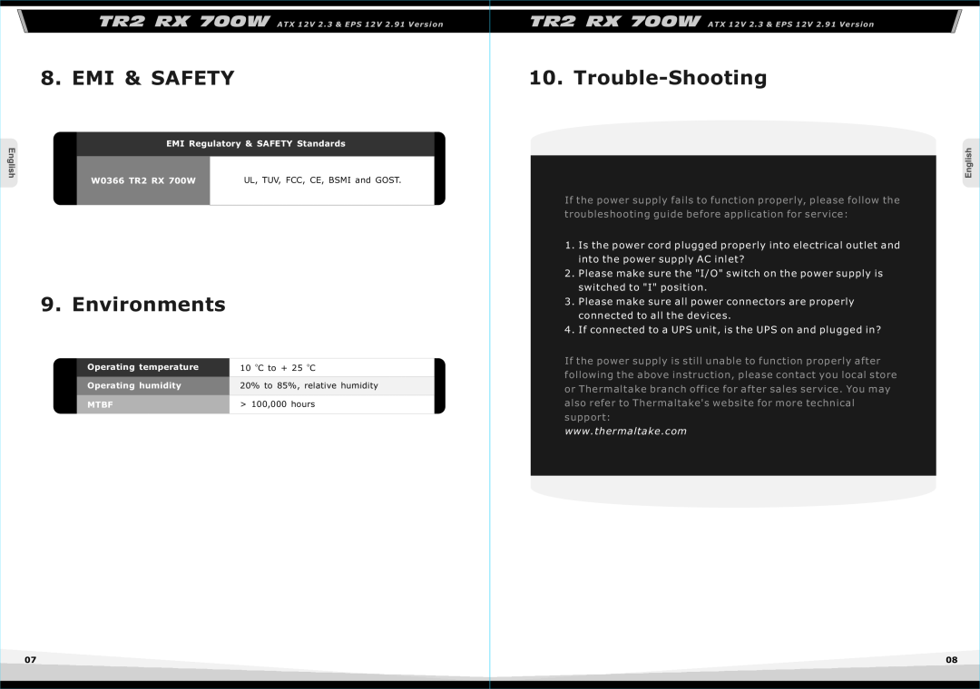 Thermaltake TR2 RX 700w, EPS 12V 2.91, W0366RU, ATX 12V 2.3 manual Emi & Safety, Environments, Trouble-Shooting 