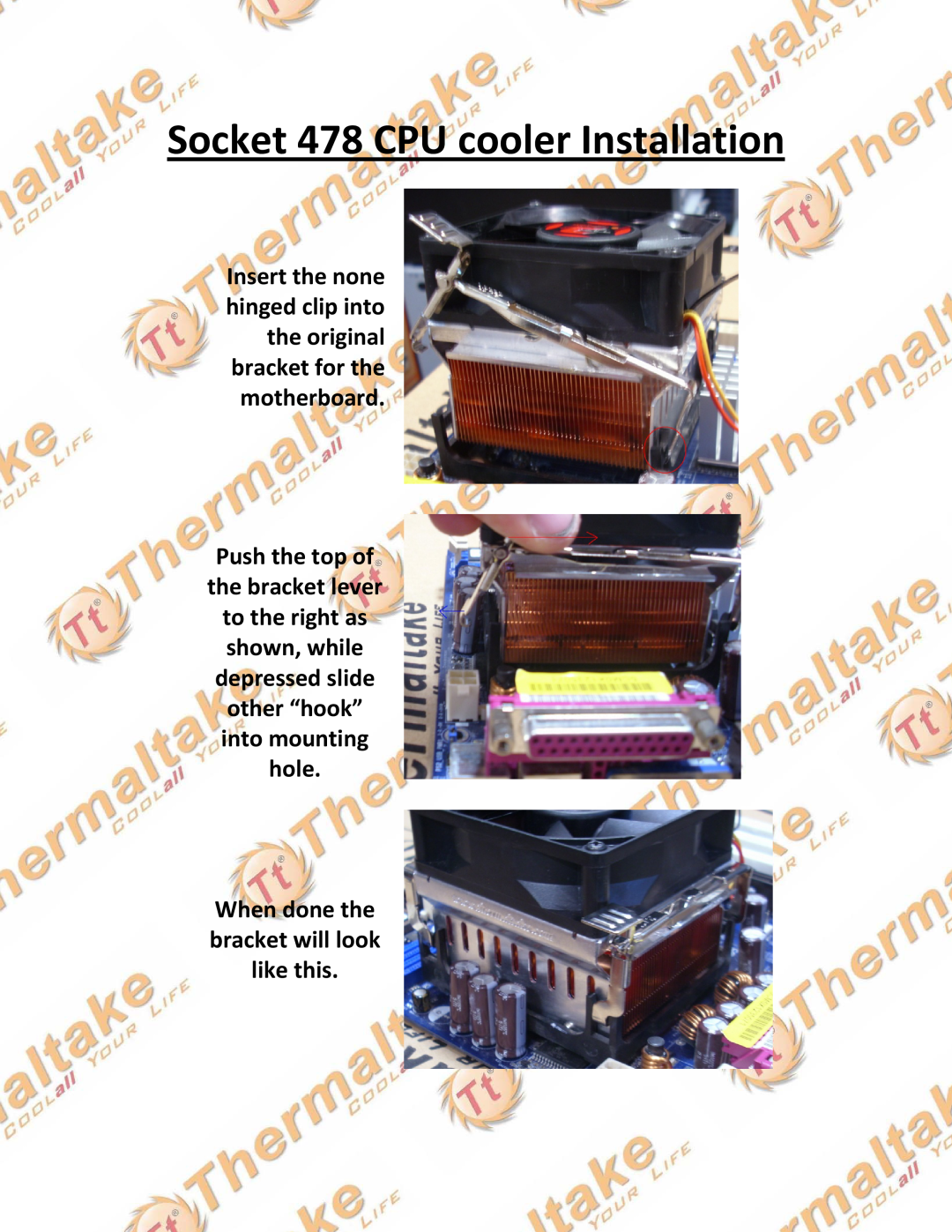 Thermaltake manual Socket 478 CPU cooler Installation 