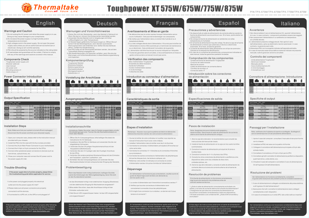 Thermaltake TPX-775M instruction manual Toughpower XT 575W/675W/775W/875W, English, Deutsch, Français, Español, Italiano 