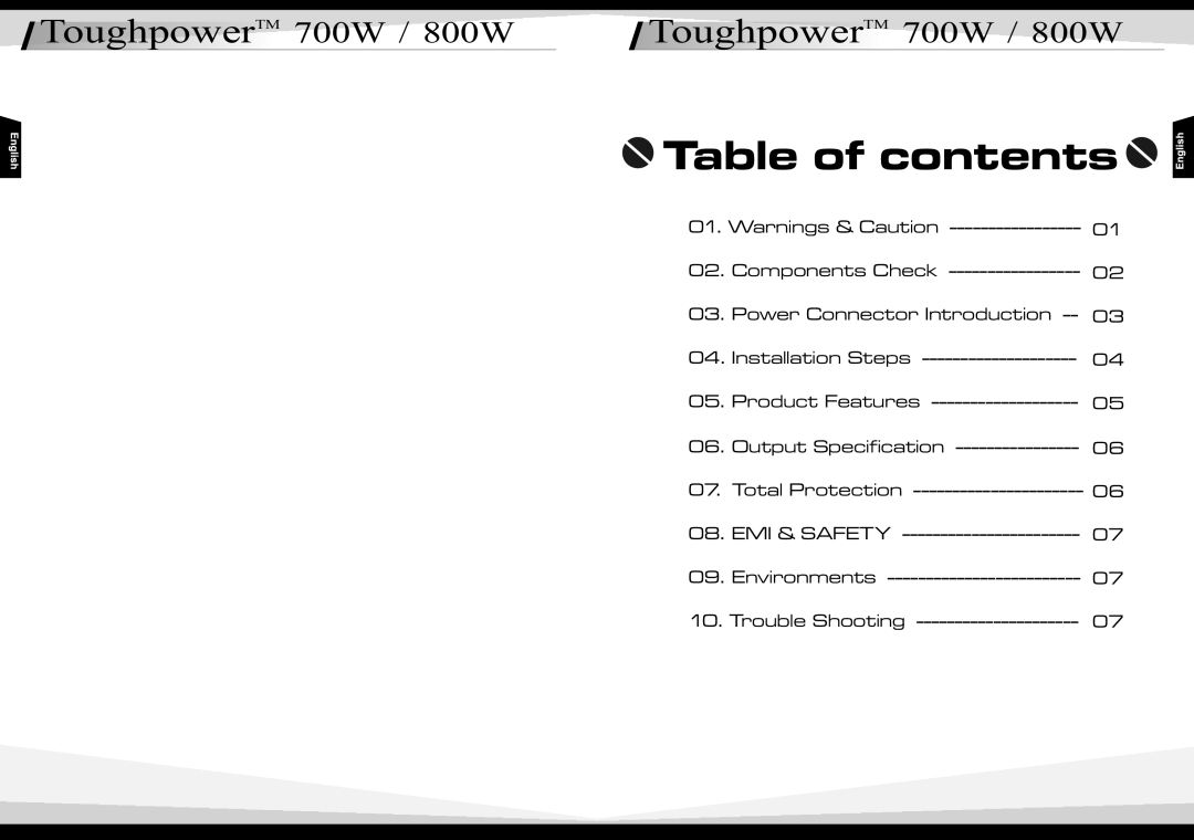 Thermaltake 800W, W0295, W0296 manual Table of contents 