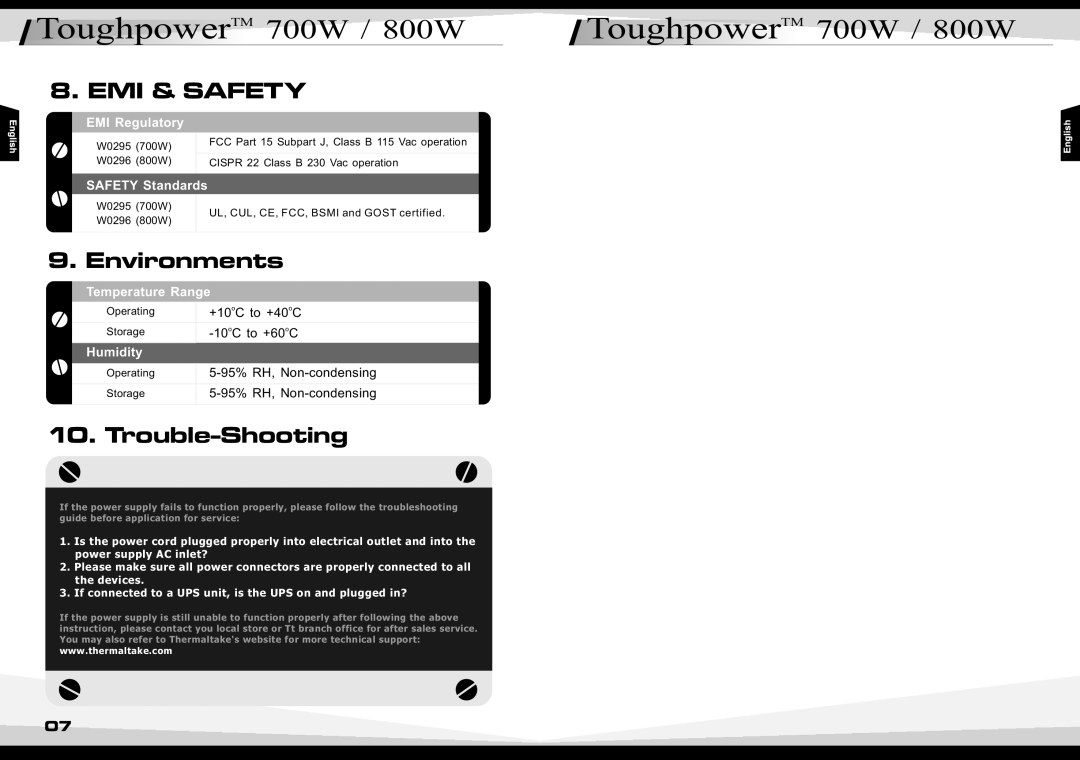 Thermaltake W0295, W0296, 800W manual Environments, Trouble-Shooting 
