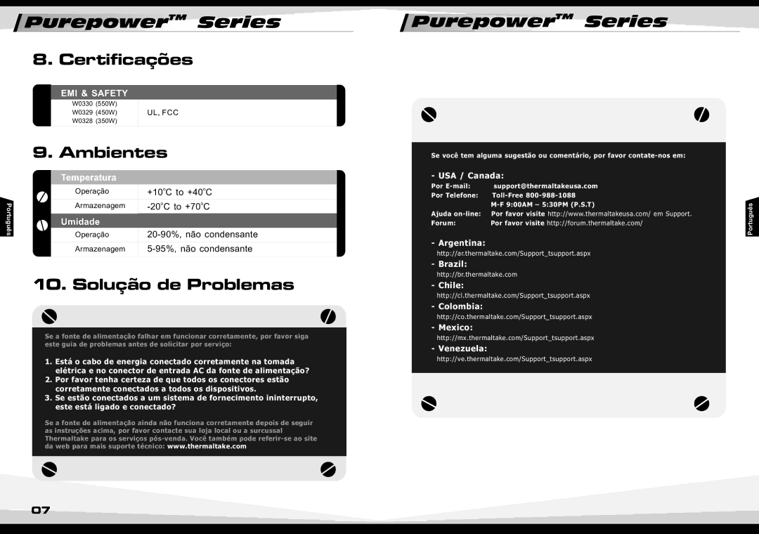 Thermaltake W0330RU manual Certificações, Ambientes, Solução de Problemas, USA / Canada 