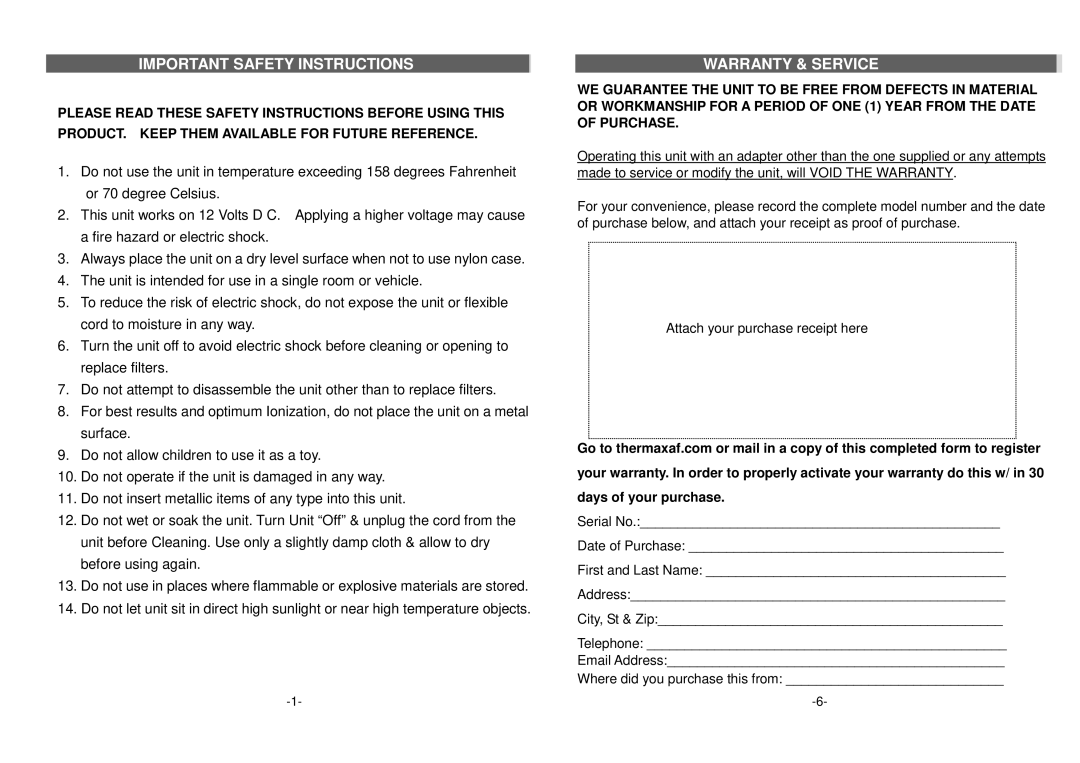 Thermax 8510 manual Important Safety Instructions, Warranty & Service 