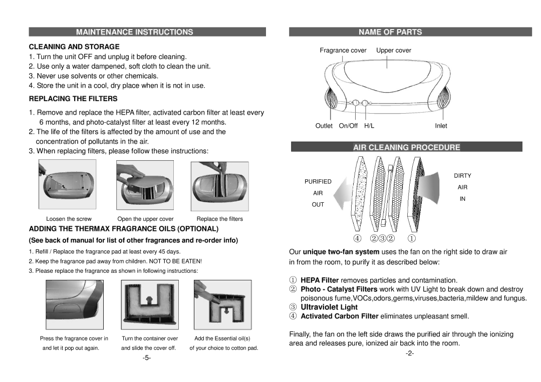 Thermax 8510 manual Maintenance Instructions, Name of Parts, AIR Cleaning Procedure 