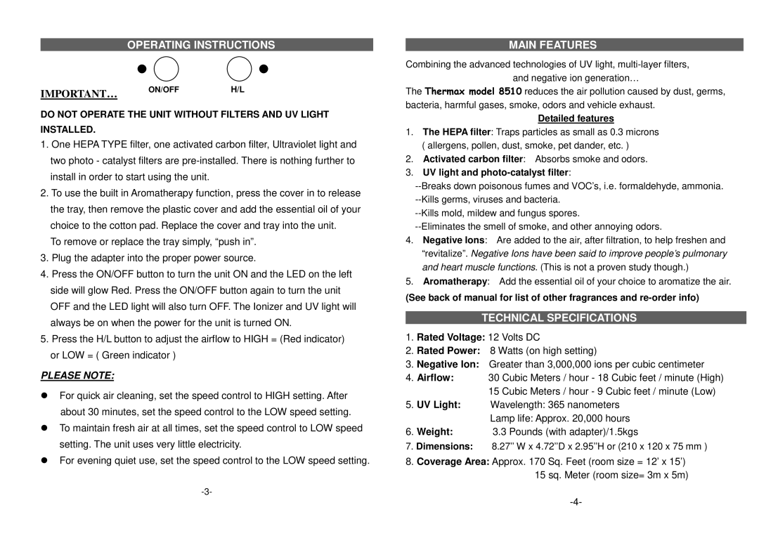 Thermax 8510 manual Operating Instructions, Main Features, Technical Specifications 