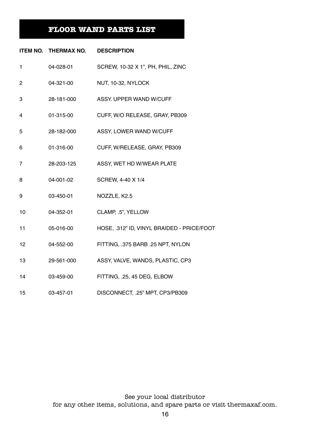 Thermax CP3 manual Floor Wand Parts List, Item no Thermax no Description 