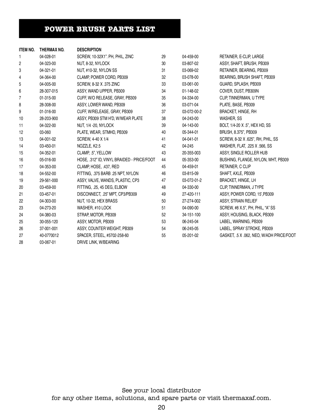 Thermax CP3 manual Power Brush Parts List, PLATE, WEAR, STMHD, PB309 