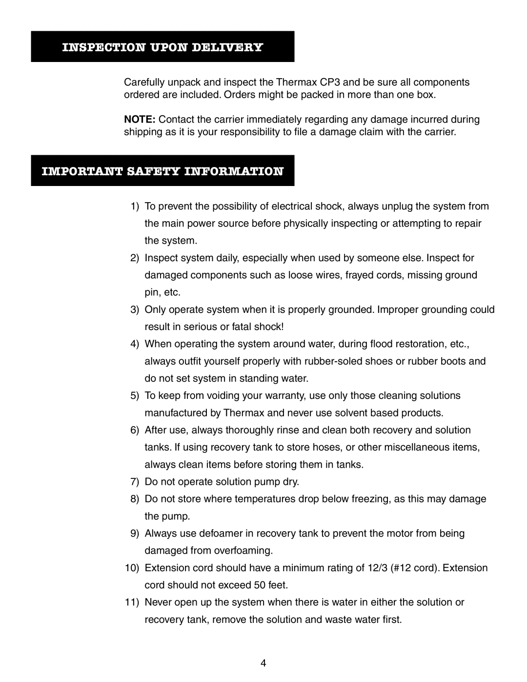 Thermax CP3 manual Inspection Upon Delivery, Important Safety Information 