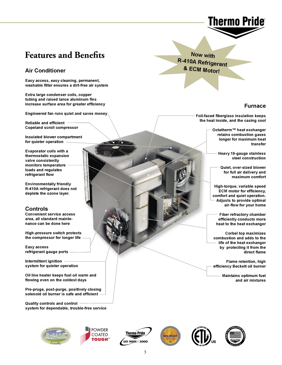 Thermo Products 13 Seer Features and Beneﬁts, Now with R-410A Refrigerant & ECM Motor, Air Conditioner, Controls, Furnace 