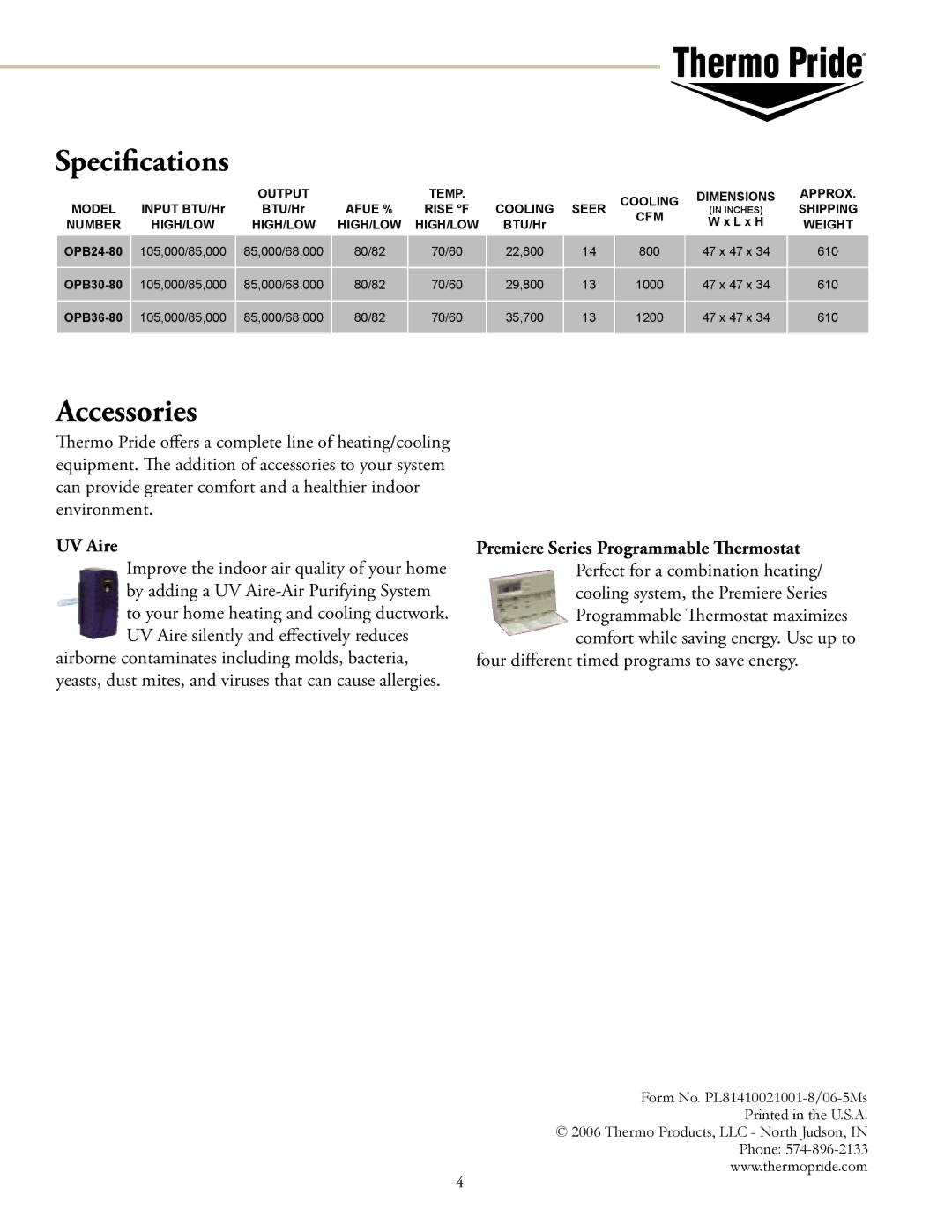 Thermo Products 14 SEER, 13 Seer manual Speciﬁcations, Accessories, UV Aire 