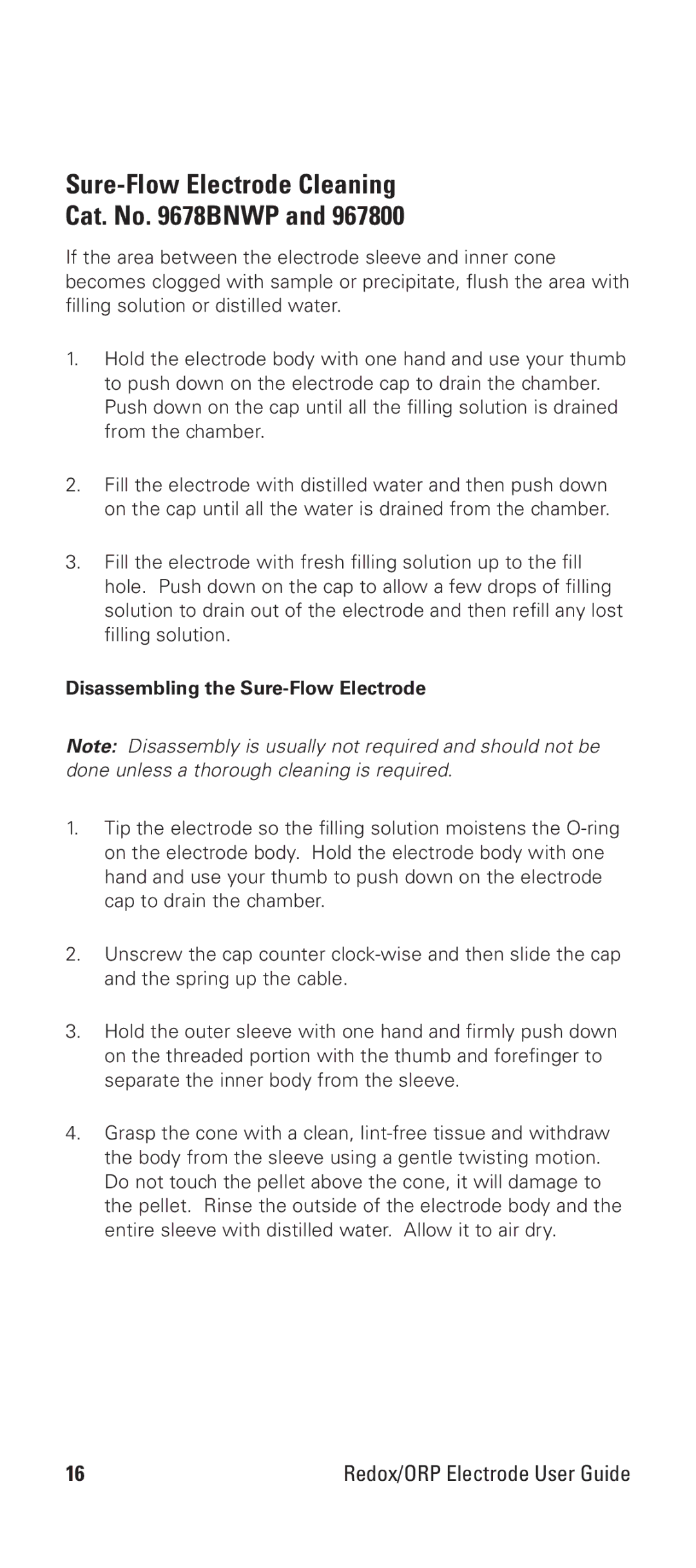 Thermo Products 9678BNWP manual Sure-Flow Electrode Cleaning Cat. No Bnwp, Disassembling the Sure-Flow Electrode 