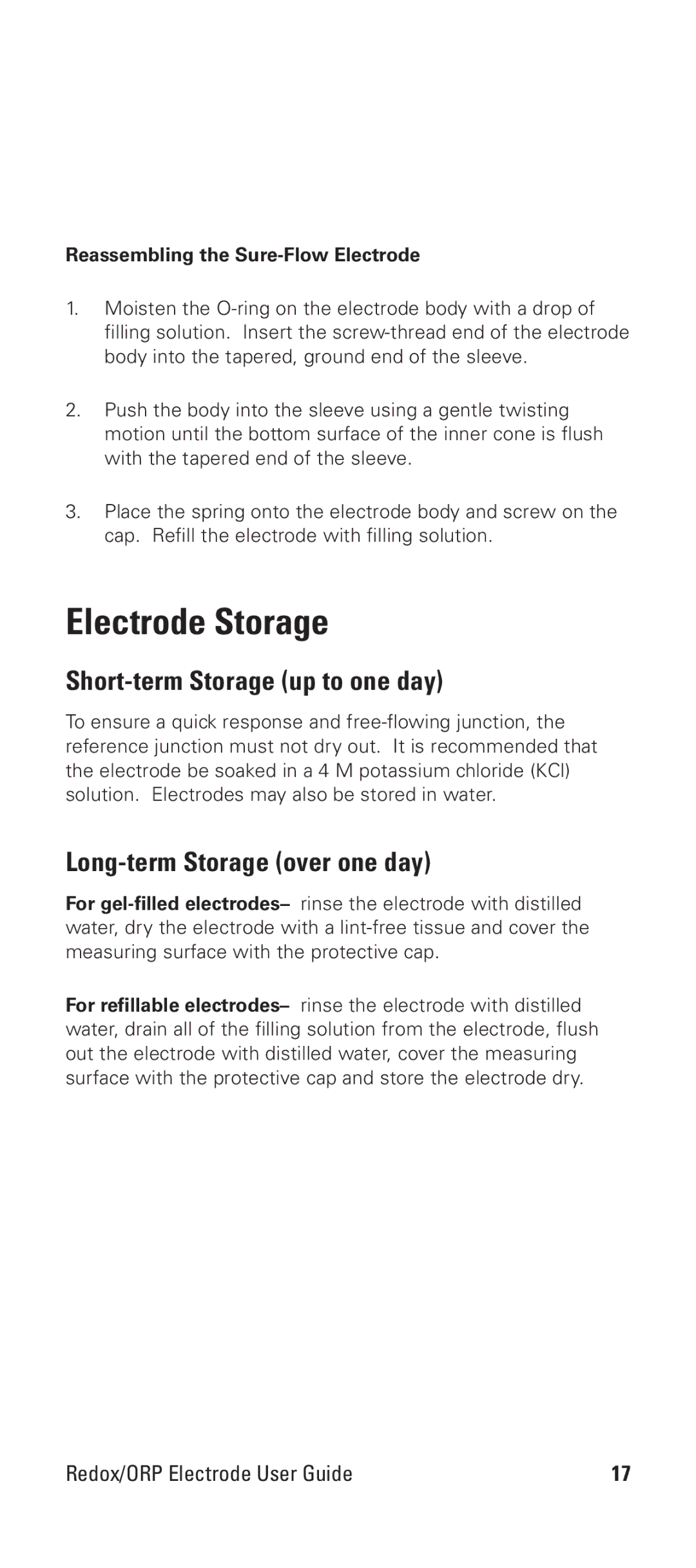 Thermo Products 9678BNWP manual Electrode Storage, Short-term Storage up to one day, Long-term Storage over one day 