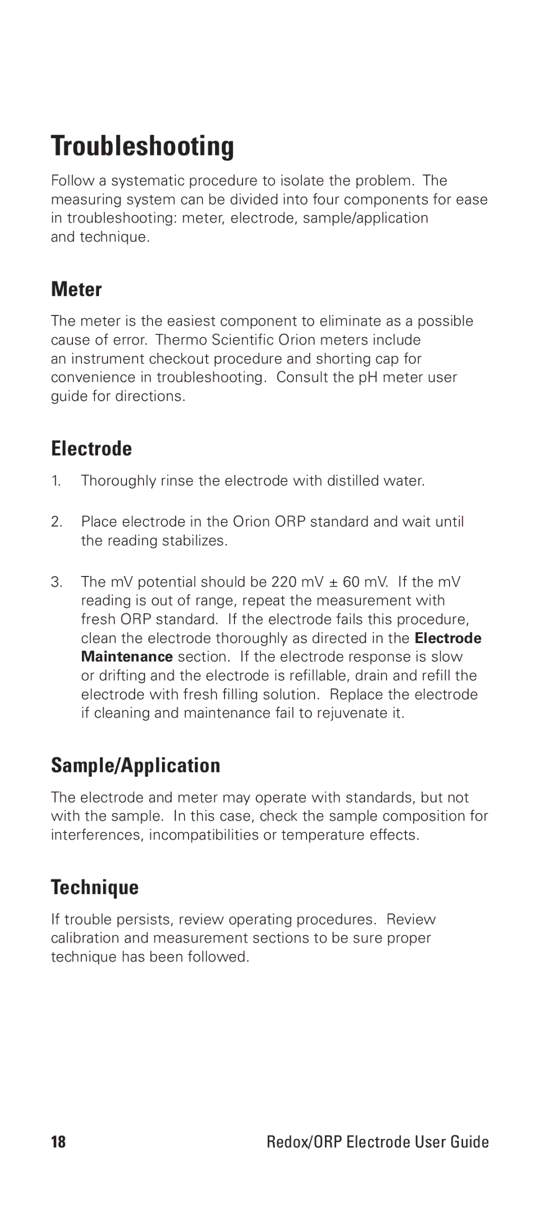 Thermo Products 9678BNWP manual Troubleshooting, Meter, Electrode, Sample/Application, Technique 