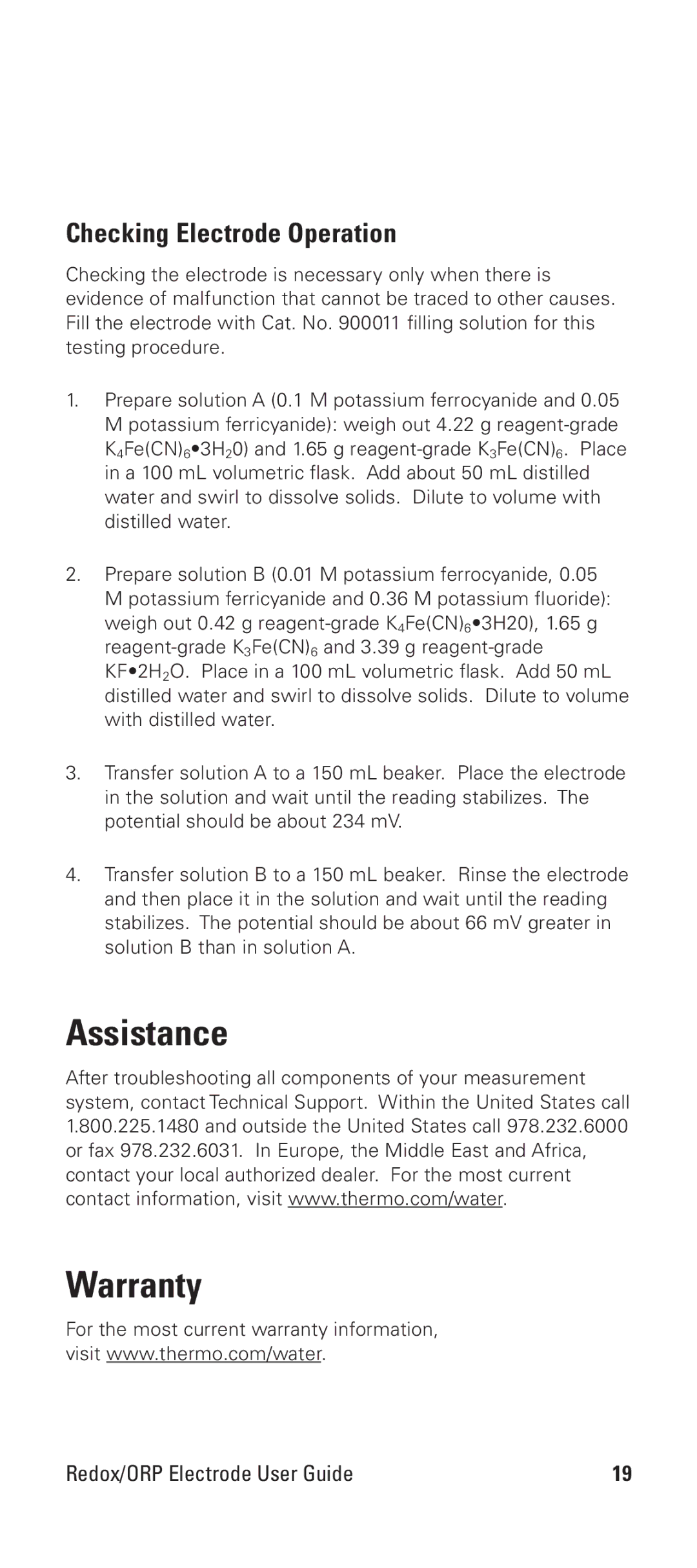 Thermo Products 9678BNWP manual Assistance Warranty, Checking Electrode Operation 