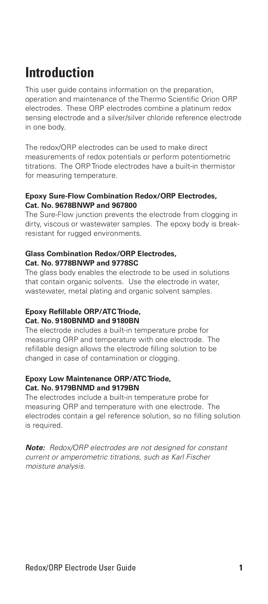 Thermo Products 9678BNWP manual Introduction, Epoxy Refillable ORP/ATC Triode Cat. No Bnmd and 9180BN 