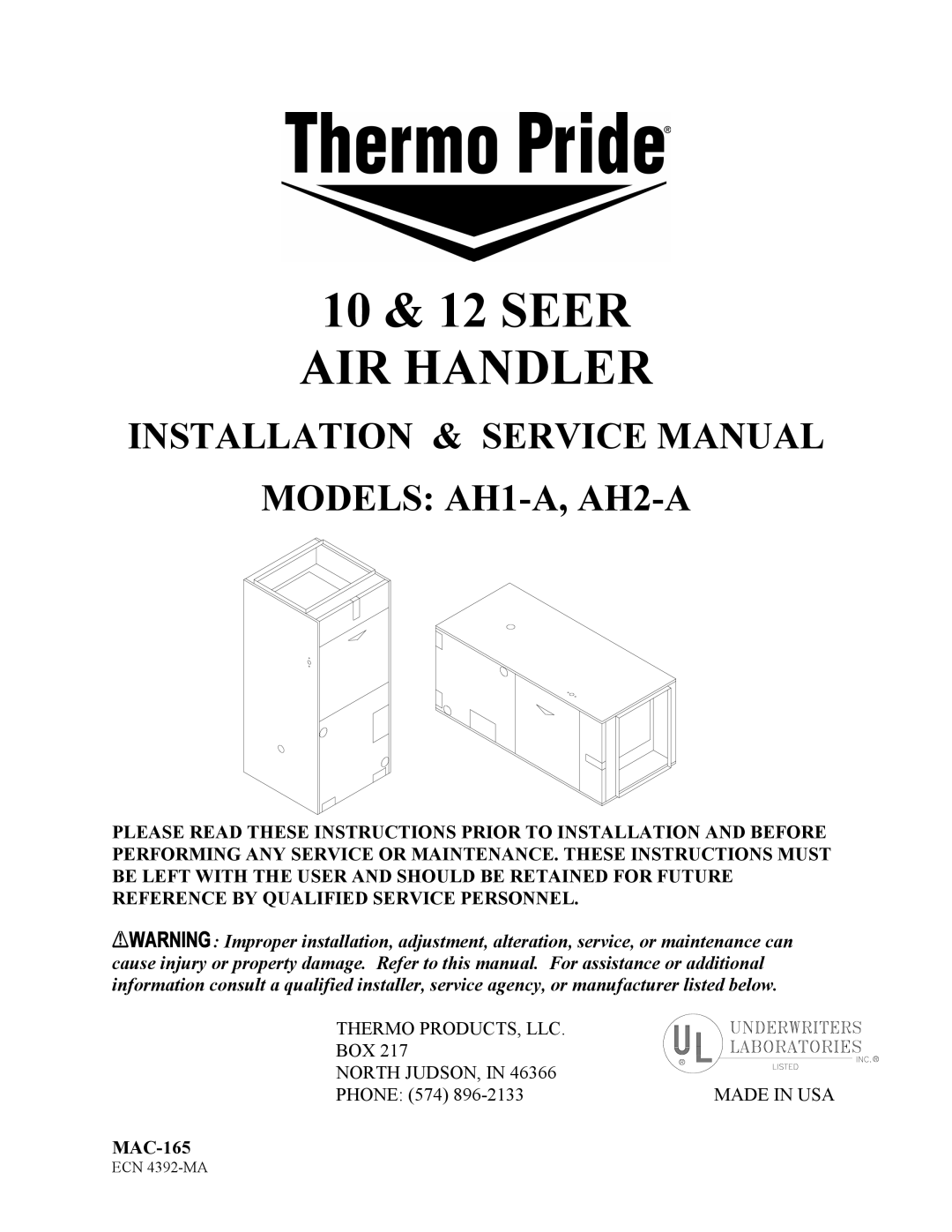 Thermo Products AH2-A, AH1-A service manual AIR Handler 