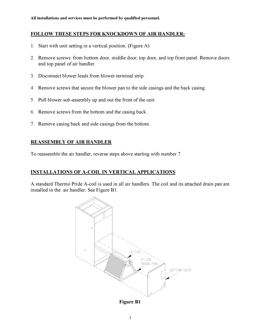 Thermo Products AH2-A, AH1-A service manual Follow These Steps for Knockdown of AIR Handler, Reassembly of AIR Handler 