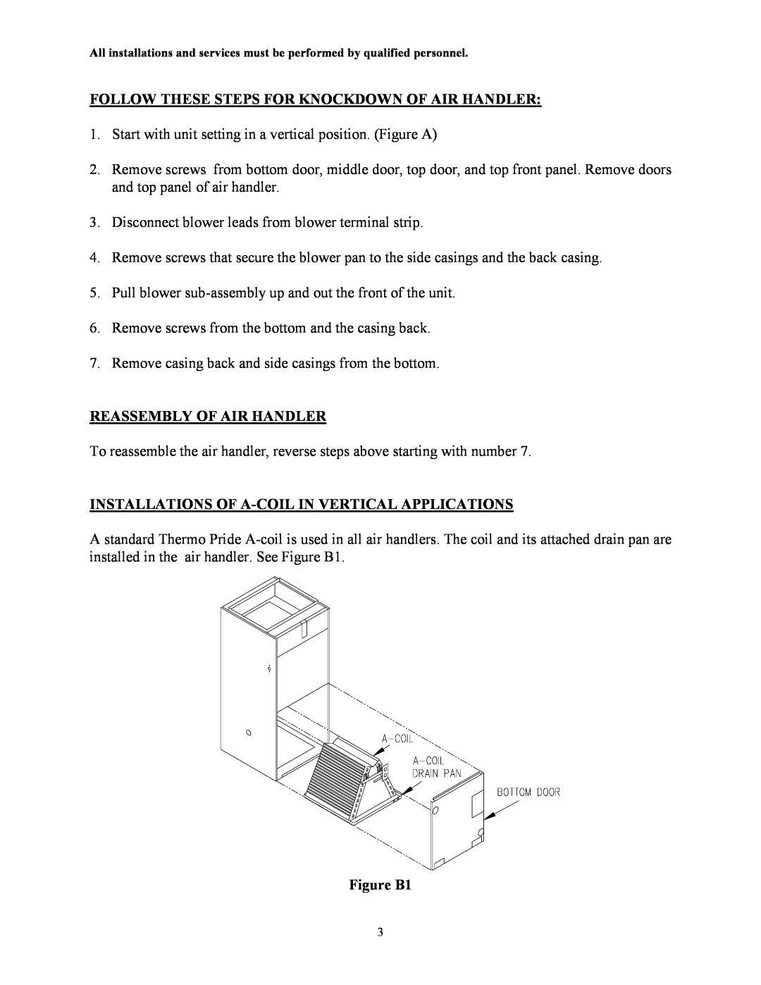 Thermo Products AH2-A, AH1-A Follow These Steps For Knockdown Of Air Handler, Reassembly Of Air Handler, Figure B1 