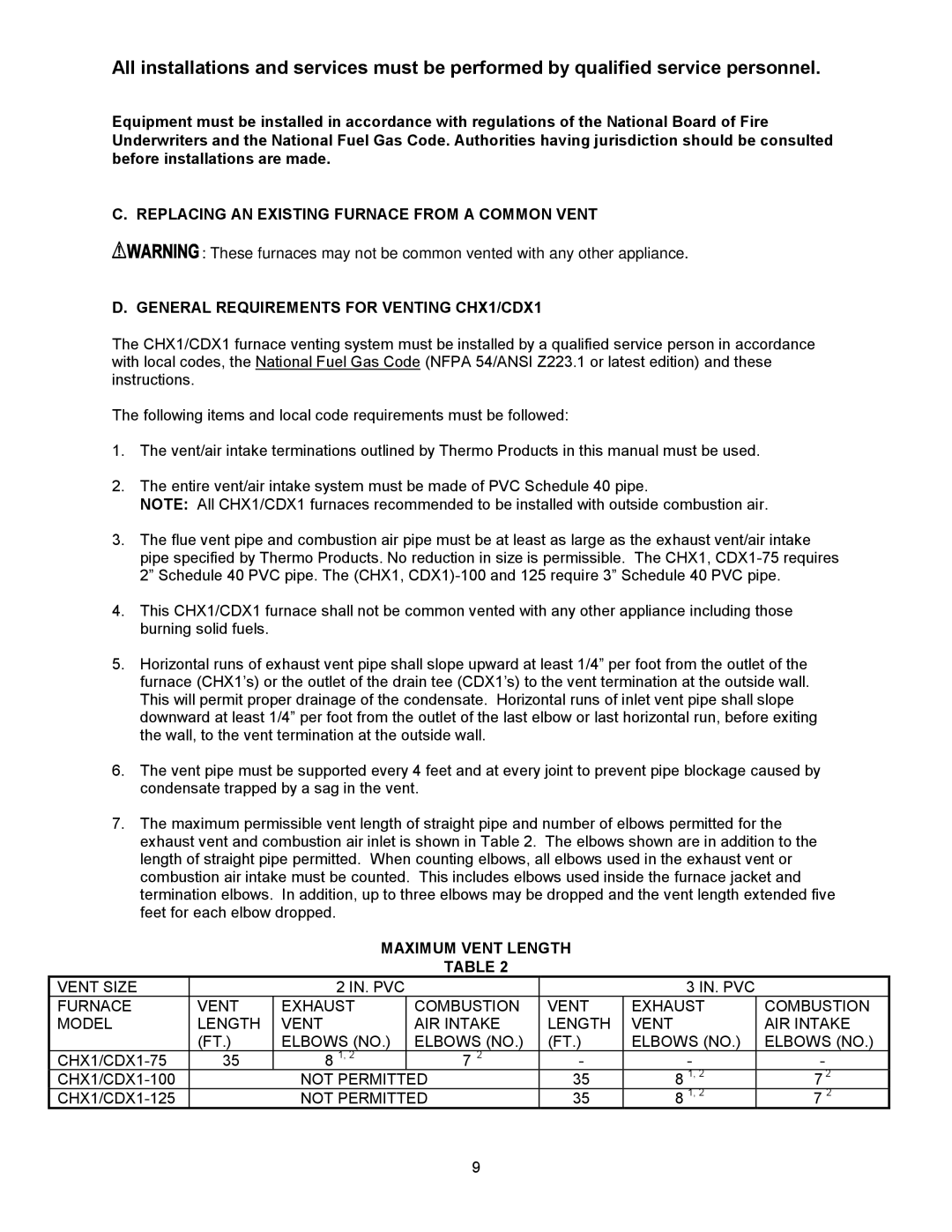 Thermo Products CHX1-100N Replacing AN Existing Furnace from a Common Vent, General Requirements for Venting CHX1/CDX1 
