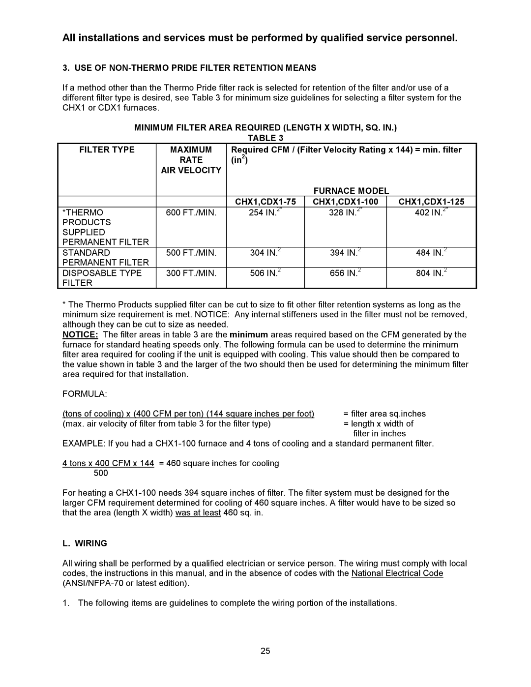 Thermo Products CHX1-125N USE of NON-THERMO Pride Filter Retention Means, Rate, AIR Velocity Furnace Model, Wiring 