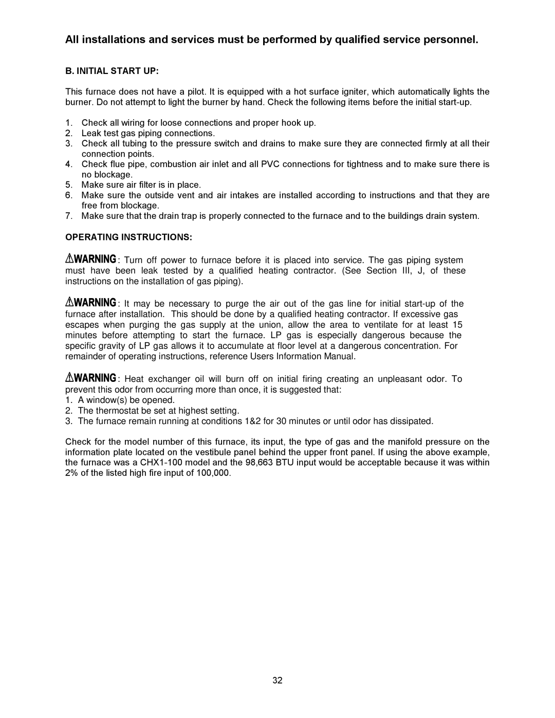 Thermo Products CHX1-75N, CDX1-75N, CHX1-125N, CHX1-100N, CDX1-125N, CDX1-100N Initial Start UP, Operating Instructions 