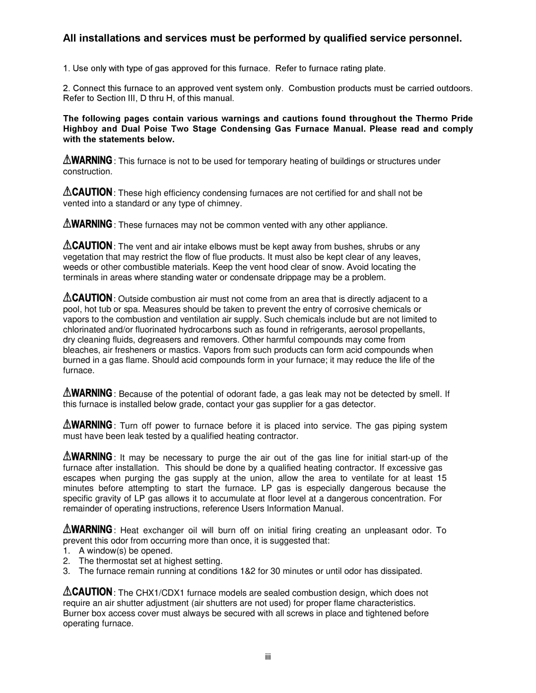 Thermo Products CDX1-125N, CDX1-75N, CHX1-125N, CHX1-75N, CHX1-100N, CDX1-100N operation manual Iii 