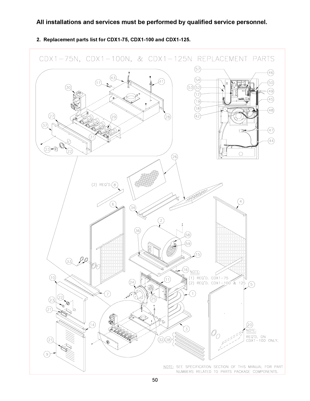 Thermo Products CHX1-75N, CDX1-75N, CHX1-125N, CHX1-100N, CDX1-125N Replacement parts list for CDX1-75, CDX1-100 and CDX1-125 