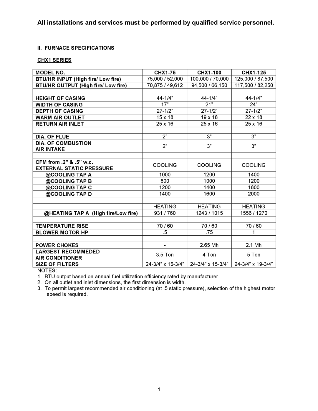 Thermo Products CHX1-125N, CDX1-75N II. Furnace Specifications CHX1 Series Model no, Height of Casing, Warm AIR Outlet 