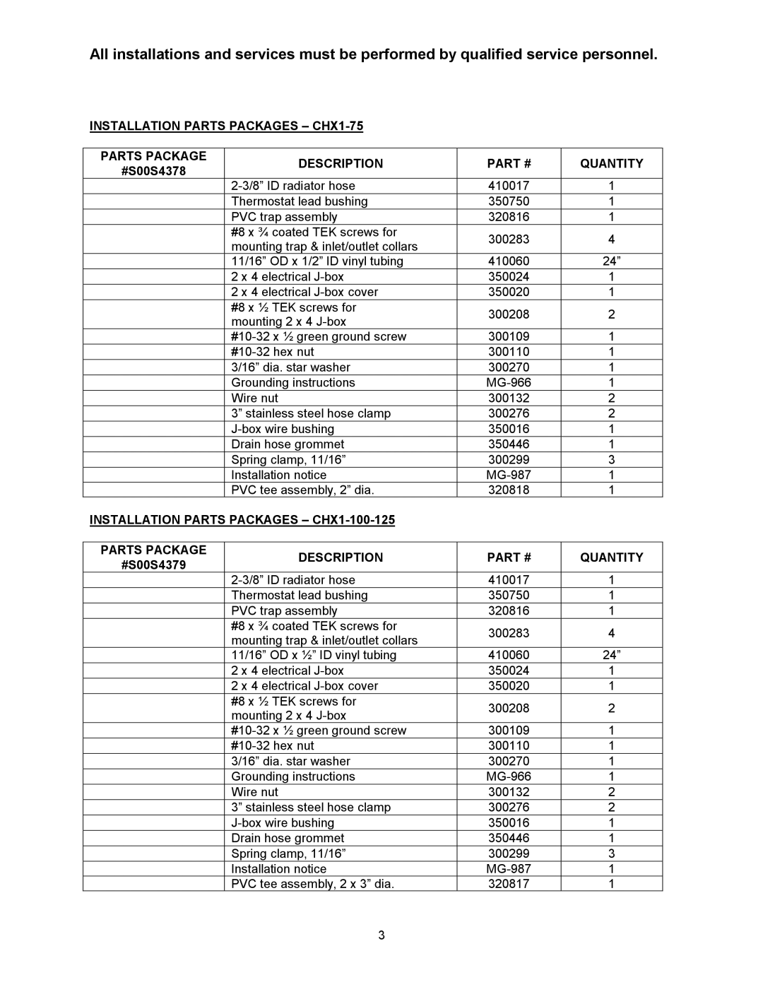 Thermo Products CHX1-100N, CDX1-75N Installation Parts Packages CHX1-75 Description Quantity, #S00S4378, #S00S4379 