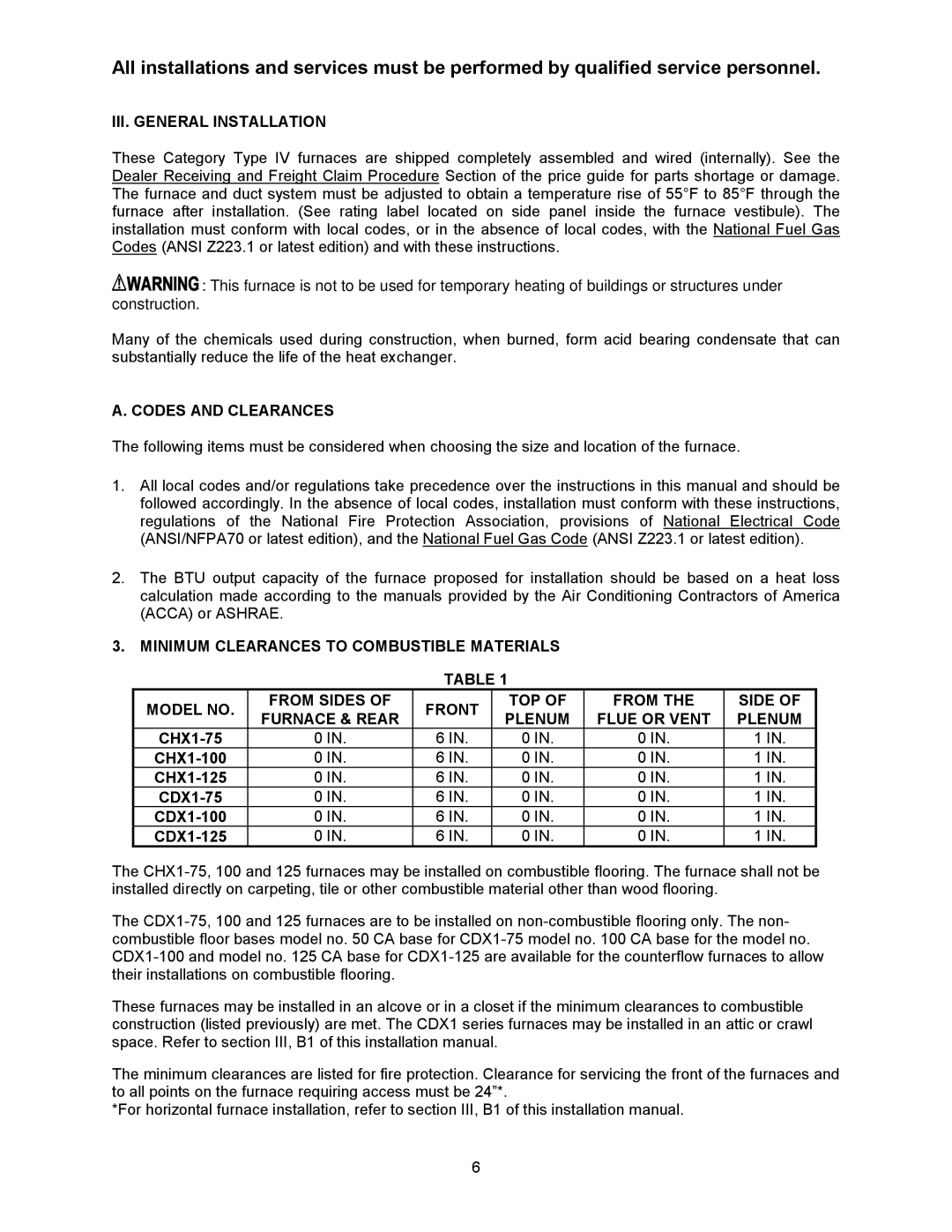 Thermo Products CDX1-75N, CHX1-125N, CHX1-75N, CHX1-100N, CDX1-125N, CDX1-100N III. General Installation, Codes and Clearances 