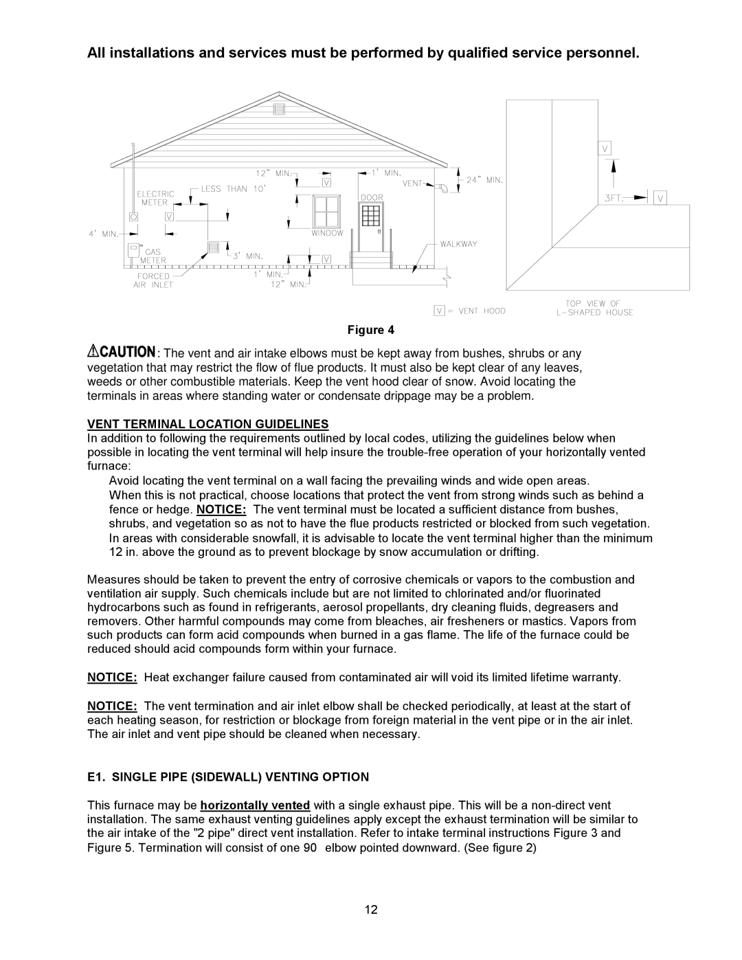 Thermo Products CDX1-75N, CHX1-125N, CHX1-75N Vent Terminal Location Guidelines, E1. Single Pipe Sidewall Venting Option 