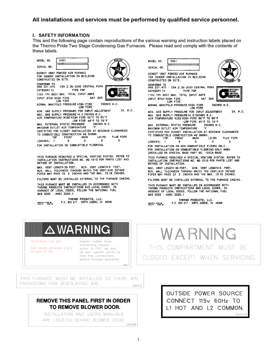 Thermo Products CHX1-75N, CDX1-75N, CHX1-125N, CHX1-100N, CDX1-125N, CDX1-100N operation manual Safety Information 