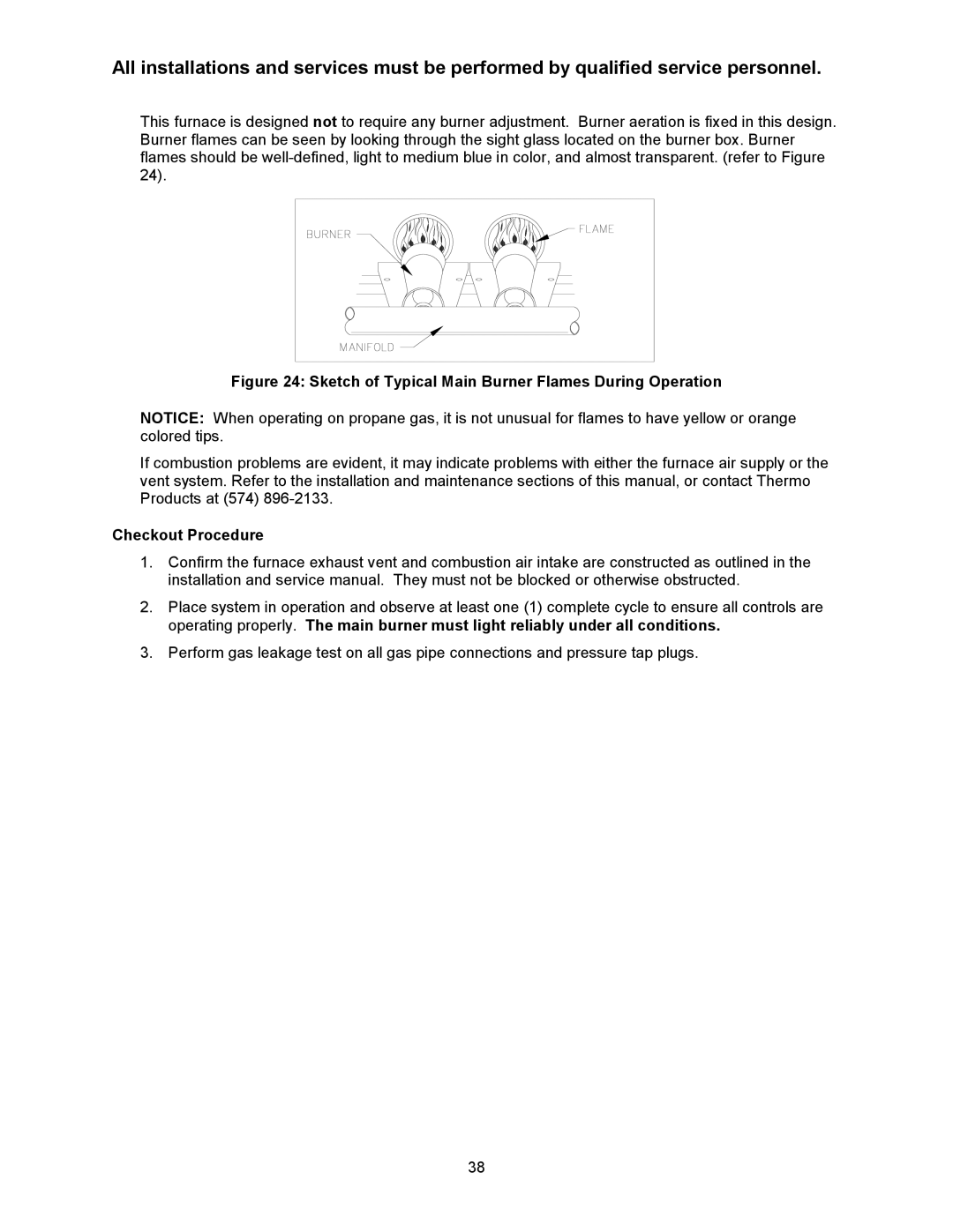 Thermo Products CHX1-75N, CDX1-75N, CHX1-125N Sketch of Typical Main Burner Flames During Operation, Checkout Procedure 