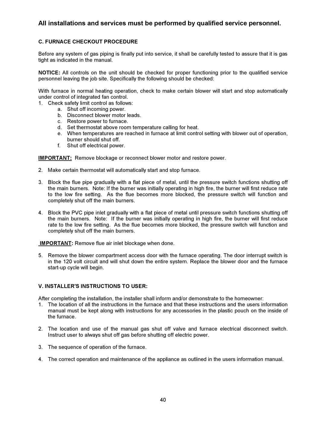 Thermo Products CDX1-125N, CDX1-75N, CHX1-125N, CHX1-75N Furnace Checkout Procedure, Installers Instructions to User 