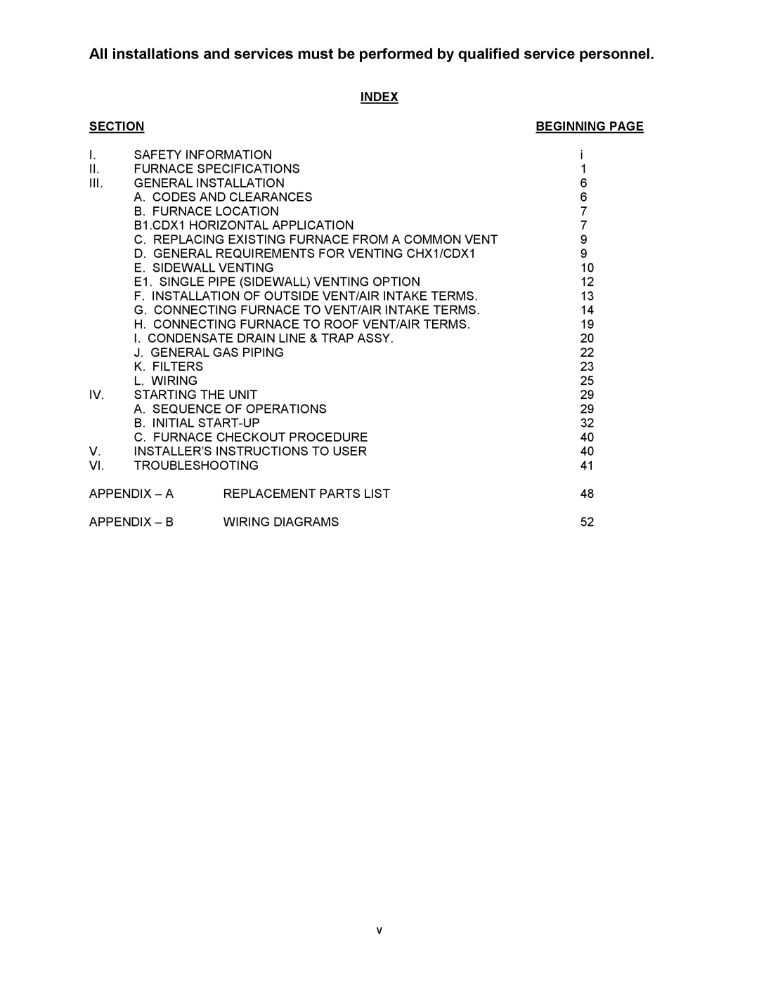 Thermo Products CDX1-75N, CHX1-125N, CHX1-75N, CHX1-100N, CDX1-125N, CDX1-100N operation manual Index Section Beginning 