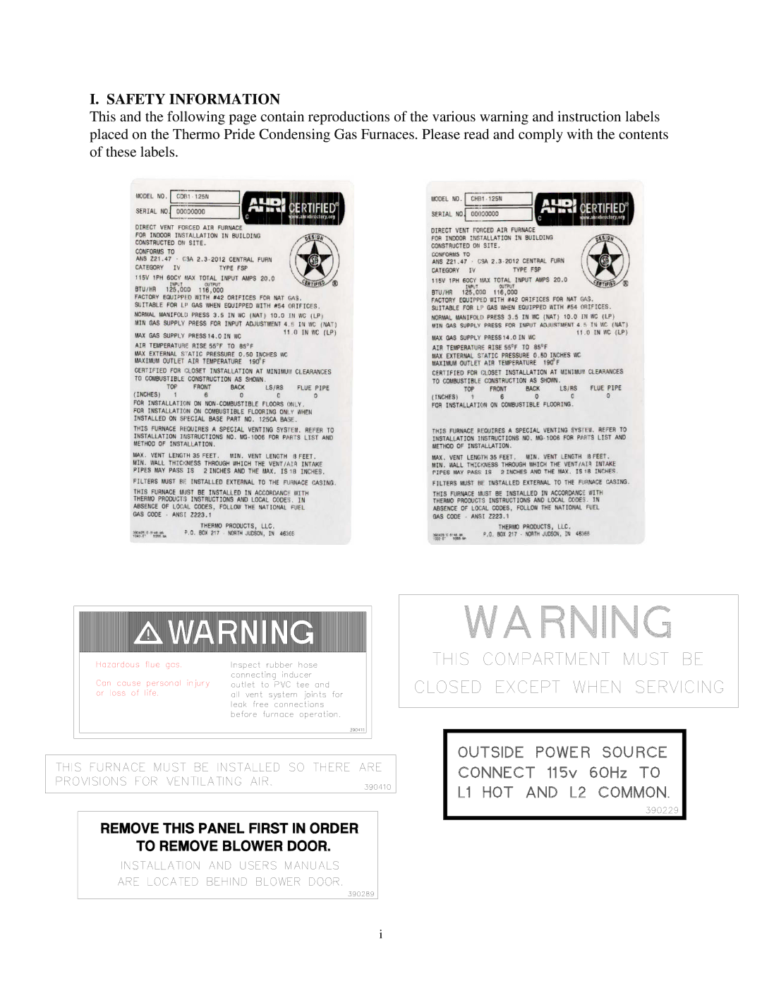 Thermo Products CHB1-100N, CHB1-125N, CHB1-75N, CBD1-75N, CBD1-100N, CBD1-125N, CBD1-50N, CHB1-50N Safety Information 